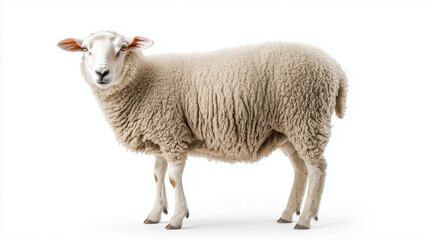 Naklejka premium Sheep standing calmly with fluffy wool on a white background copy space