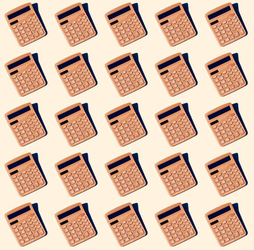 Multiple beige calculators arranged in a pattern on pale background