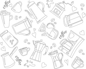 Coffee making doodle pattern. Hot drink illustration