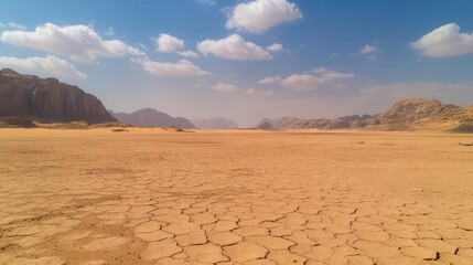 A vast, arid landscape with cracked earth and distant mountains under a blue sky.