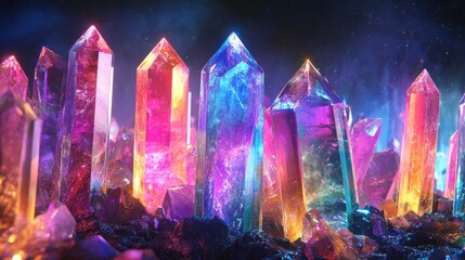 Obraz premium A Cluster of Vibrant Prismatic Crystals Glowing in the Dark