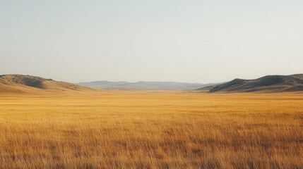 Fototapeta premium A vast, golden landscape under a clear sky, evoking tranquility and openness.