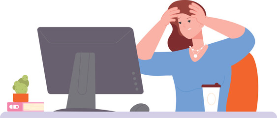 Stressful female worker. Tired woman at computer desk