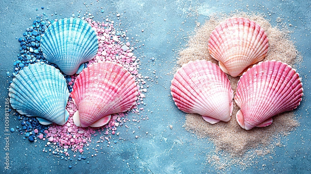 Poster a cluster of seashells atop a turquoise backdrop alongside a heap of rose and azure pebbles