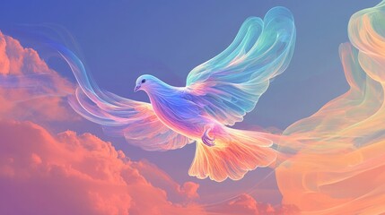 Obraz premium A white dove with iridescent wings soars through the clouds.