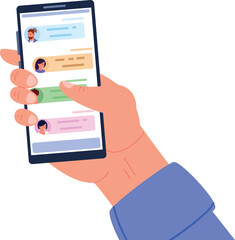Hand hold smartphone with chat app on screen. Social communication