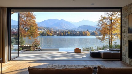 Fototapeta premium Serene lake view from a modern living room with autumn foliage and mountain backdrop, perfect for relaxation and inspiration.