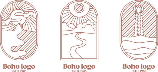 Nature boho logo. Night mountain with path, cactus in the sand, sunset landscape aesthetic icon. Stock vector illustration isolated on white background in line style.