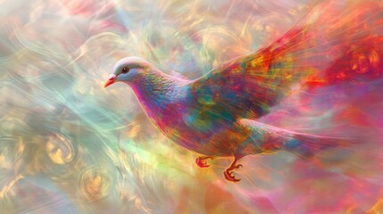 Fototapeta premium A colorful dove in flight against a vibrant, swirling background.