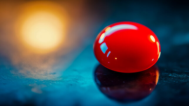 A red button is sitting on a blue surface.