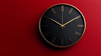 Modern black and gold wall clock on a vibrant red background showcasing time