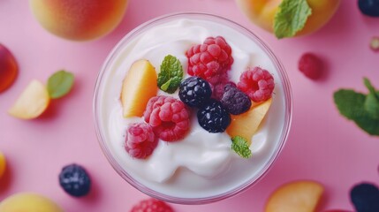 Fresh berries and peaches combined with yoghurt