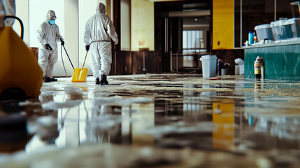 A depiction of a crime scene cleanup.