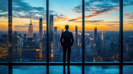 Fototapeta premium Silhouetted figure gazing at a stunning city skyline during sunset, representing ambition and urban lifestyle.