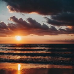 Obraz premium The warm glow of the setting sun casts golden hues over the tranquil waves of the ocean, creating a serene atmosphere by the shoreline during dusk. Sunset or sunrise at sea. Romantic landscape. AI