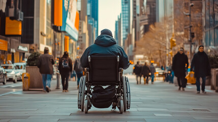 A man in a wheelchair is sitting on a sidewalk in a busy city street.