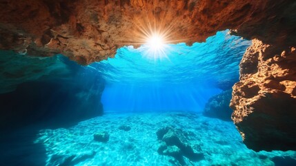 Underwater scene with sunlight filtering through rocky cave.