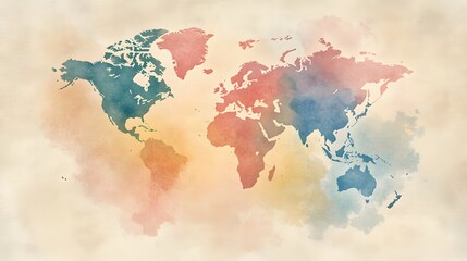 Hand-painted world map in watercolor style with soft muted colors and smooth gradients blending across countries