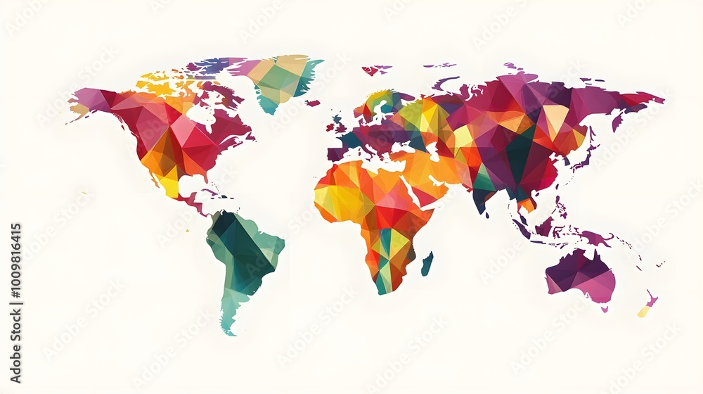 Poster abstract geometric world map with vibrant, multicolored polygons creating a stylized interpretation 