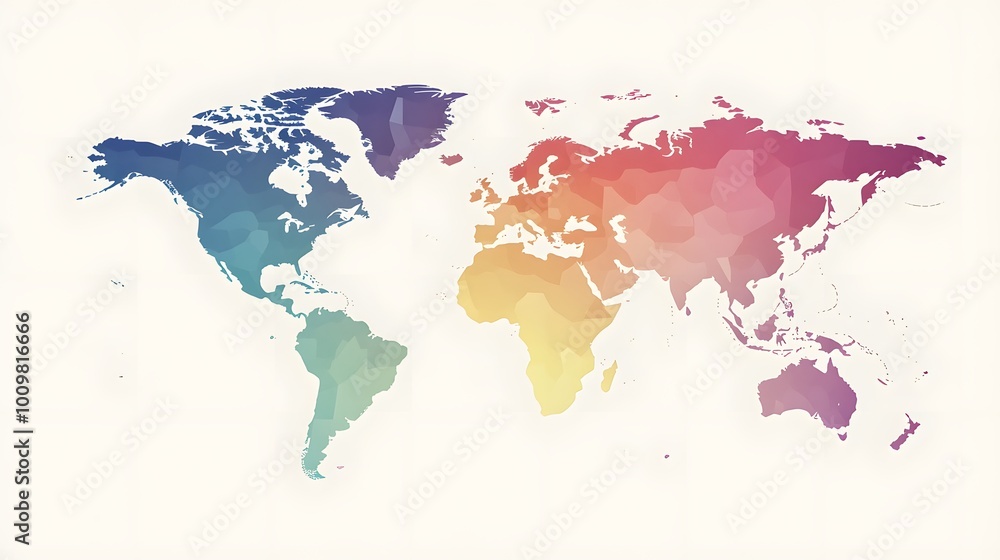 Poster minimalist world map with smooth, gradient colors transitioning from blue to red, representing conti