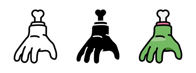 Zombie hand icon. Chopped off zombie arm with bone sticking out vector illustration. Halloween monster severed hand symbol. Rotten zombie arm silhouette. Green claw cartoon pictogram. Cut off hand.
