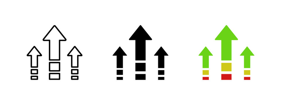 Growth arrow icon. Three upload arrows vector illustration. Upgrade button. Level up symbol. Progress chart pictogram. Boost sign. Increase diagram. Improve, advance and success concept.