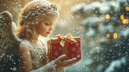Little angel with christmas presents in her hands, christmas lights and snowfall in the background, big editable space