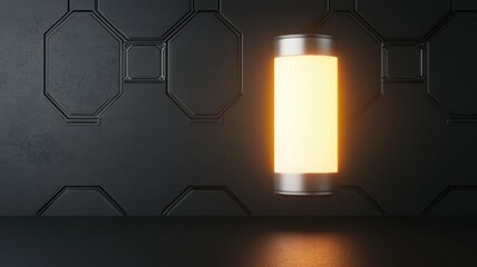 Futuristic light fixture suspended against a textured black wall, glowing with warm orange light.