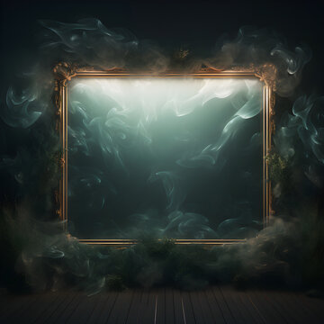 Wooden frame with spirit light in tropical leaves on black background with copy space. Magical portal with mysterious luminous mist. Border with paranormal extrasensory light haze. Mystery ads banner.