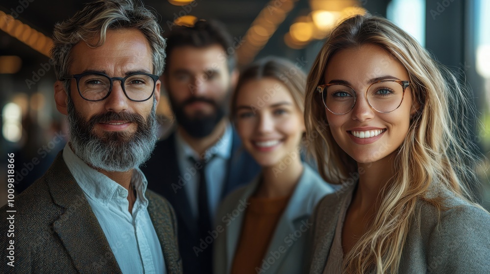 Poster group of four smiling professionals networking in a modern office setting during the day
