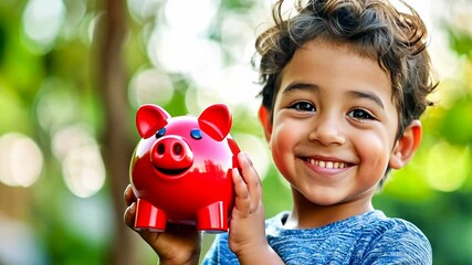 A cheerful young boy with curly hair smiles while holding a red piggy bank in a sunny garden. He is wearing a blue shirt, and the background is filled with blurred green foliage. The image conveys