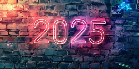 Vibrant neon 2025 text in pink and blue glowing on a graffiti-covered brick wall, creating a modern...