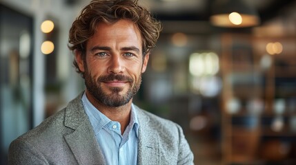 Obraz premium A well-dressed man with curly hair smiles confidently while posing in a modern office setting during the day