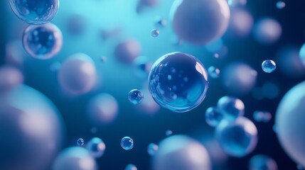 Spheres or balls merge like liquid wax drops or metaballs in-air. Liquid gradient of blue colors on beautiful drops with glow, scattering light inside. 