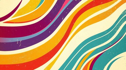 Obraz premium Abstract colorful 70s background vector. Vintage retro wallpaper with rainbow stripes and wavy lines. A 1970 color illustration suitable for posters, banners, decorative items, and wall art. 