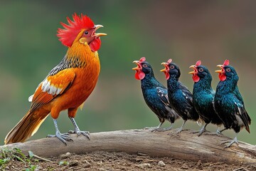 Fototapeta premium Gallo Colorido Cantando al Amanecer en un Campo Rural Gallo de plumaje colorido con la cresta roja vibrante, cantando sobre una valla de madera en un campo rural.