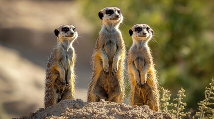 Fototapeta premium Three meerkats perched atop a dirt mound, surrounded by trees