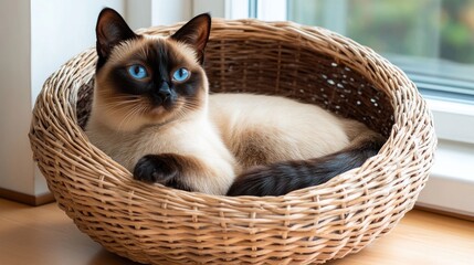 Gato siamés de ojos azules descansando en una silla de mimbre junto a una ventana. La luz natural resalta su pelaje y postura relajada