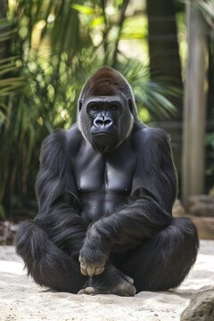 Gorila Macho de Espalda Plateada en la Selva Gorila macho de espalda plateada, sentado en el suelo de la selva con una postura tranquila pero dominante