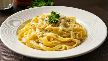 "Traditional Italian pasta dish with freshly made fettuccine, creamy alfredo sauce, and parmesan cheese, garnished with parsley and served in a white dish"