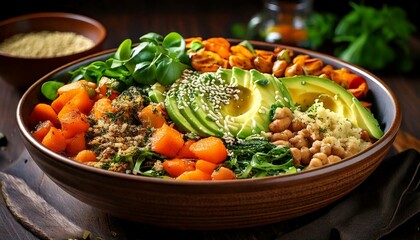 "Vegan Buddha bowl filled with quinoa, roasted chickpeas, avocado, sweet potatoes, spinach, and a drizzle of tahini dressing"