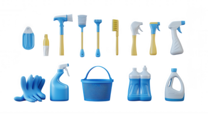 Blue Cleaning Supplies isolated on Transparent Background PNG
