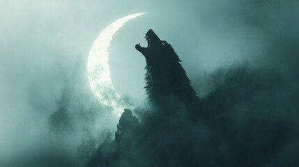 Wolf howling at the moon in a foggy night.
