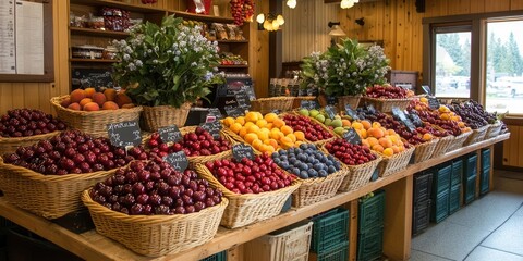 Obraz premium A vibrant display of fresh fruits in baskets at a market, inviting customers to explore.