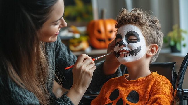 Mother painting son's face with disability in wheelchair for Halloween.