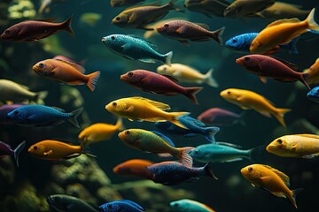 Grupo de peces tropicales de colores brillantes nadando en un acuario, rodeado de plantas y corales vibrantes. La imagen captura la belleza y diversidad del ecosistema acuático, ideal para temas relac