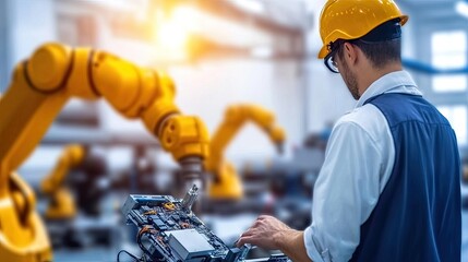 Grupo de técnicos en batas blancas y gorras antiestáticas ensamblando componentes electrónicos en una línea de producción. La imagen resalta la precisión del trabajo con circuitos y brazos robóticos e