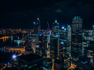 Modern cityscape illuminating the night with glowing office buildings
