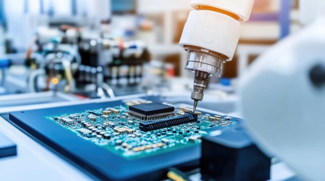 Grupo de t&eacute;cnicos en batas blancas y gorras antiest&aacute;ticas ensamblando componentes electr&oacute;nicos en una l&iacute;nea de producci&oacute;n. La imagen resalta la precisi&oacute;n del trabajo con circuitos y brazos rob&oacute;ticos e