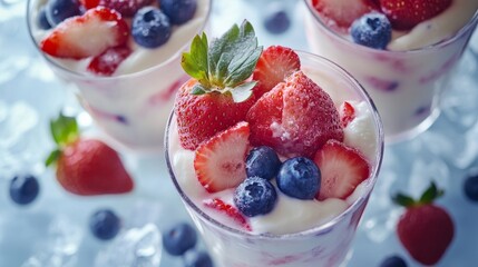 Greek yogurt parfaits with fresh berries, blueberries, and strawberries. tone and focused attention